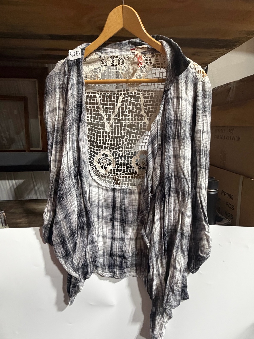 #4375-Poof! Gray Plaid Open Cardigan with Crochet Back